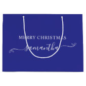 Deep Blue White Frohe Weihnachtsbow Signature Name Große Geschenktüte (Vorderseite)