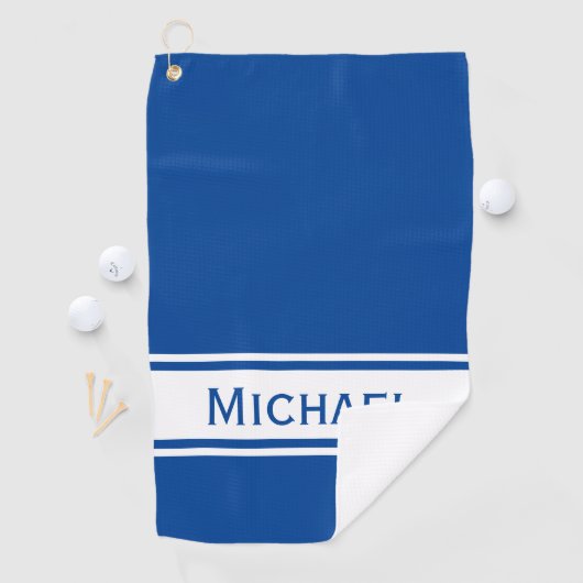 Deep Blue White Strip Modern Name Monogram Golfhandtuch (Insitu)