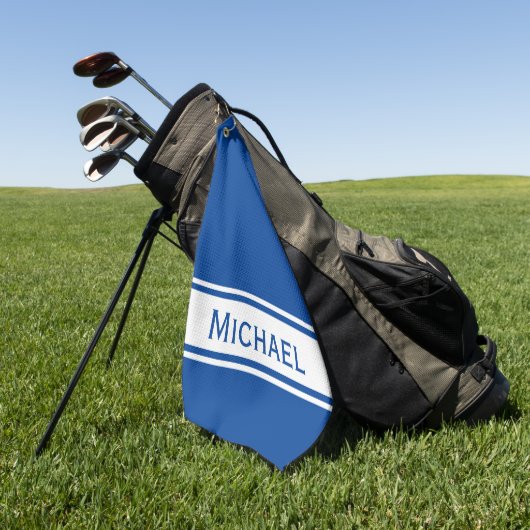Deep Blue White Strip Modern Name Monogram Golfhandtuch (Gras)