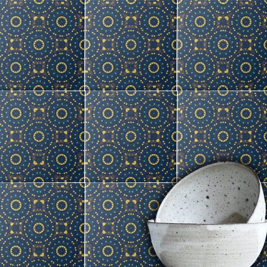 Deep Blue Yellow Mosaik Ethnic Boho Chic Muster Fliese