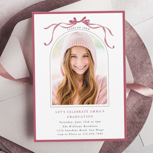 Deep Blush Bow Graduation Party Arch Photo Minimal Einladung