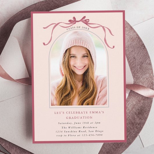Deep Blush Bow Graduation Party Arch Photo Pink Einladung