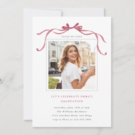 Deep Blush Bow Graduation Party Photo Minimal Einladung (Vorderseite)