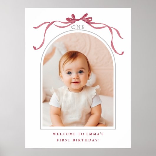 Deep Blush Pink Bow 1st Birthday Photo Welcome Poster (Vorne)