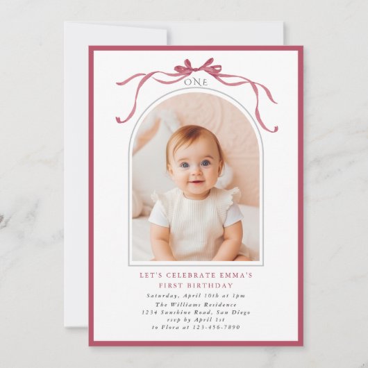 Deep Blush Pink Bow Girl 1st Birthday Arch Photo Einladung (Vorderseite)