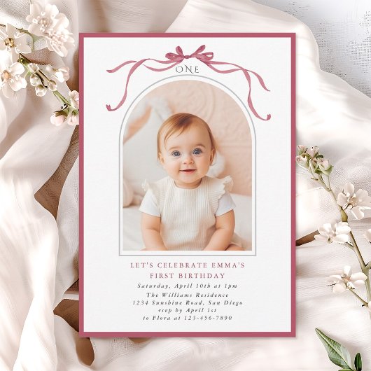 Deep Blush Pink Bow Girl 1st Birthday Arch Photo Einladung