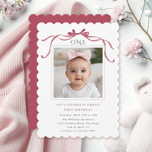 Deep Blush Pink Bow Girl 1st Birthday Party Einladung
