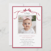 Deep Blush Pink Bow Girl 1st Birthday Party Photo Einladung (Vorderseite)