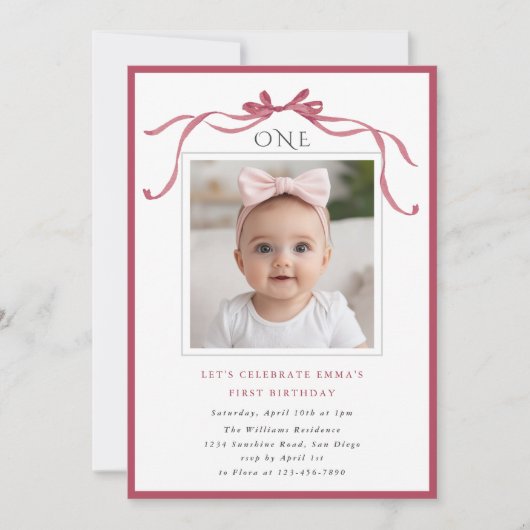 Deep Blush Pink Bow Girl 1st Birthday Party Photo Einladung (Vorderseite)