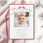 Deep Blush Pink Bow Girl 1st Birthday Party Photo Einladung
