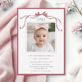 Deep Blush Pink Bow Girl 1st Birthday Party Photo Einladung