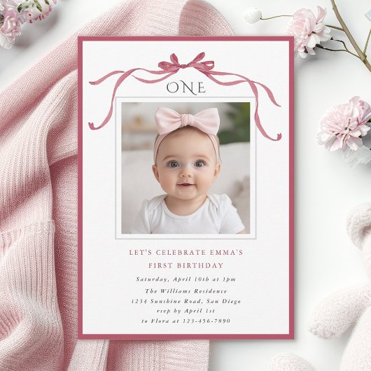 Deep Blush Pink Bow Girl 1st Birthday Party Photo Einladung