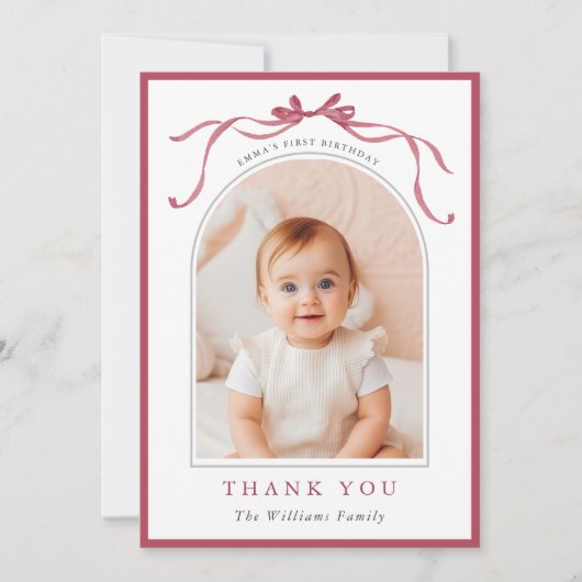 Deep Blush Pink Bow Minimal Birthday Photo Dankeskarte (Vorderseite)