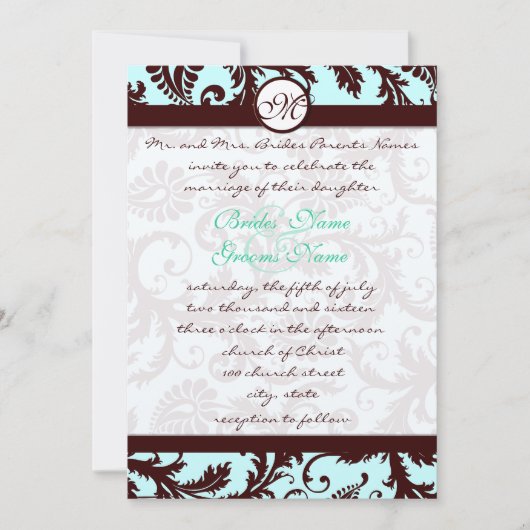 Deep Brown Damask Aqua Blue Wedding Einladung (Vorderseite)