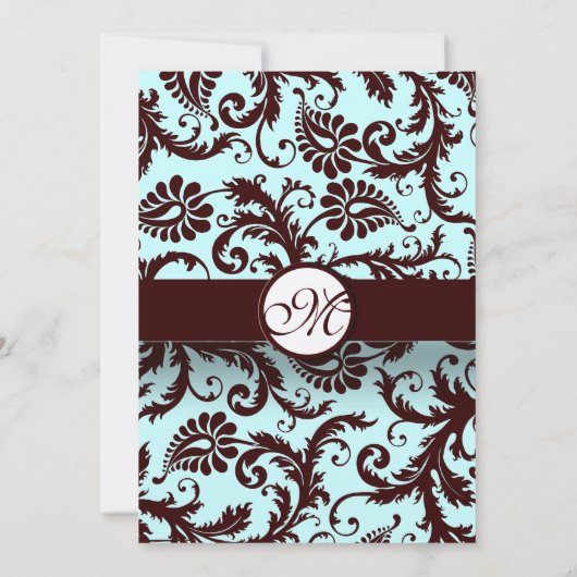 Deep Brown Damask Aqua Blue Wedding Einladung (Rückseite)