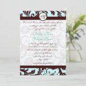 Deep Brown Damask Aqua Blue Wedding Einladung (Stehend Vorderseite)