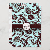 Deep Brown Damask Aqua Blue Wedding Einladung (Vorne/Hinten)