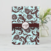 Deep Brown Damask Aqua Blue Wedding Einladung (Stehend Vorderseite)