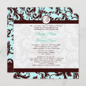 Deep Brown Damask Aqua Blue Wedding Einladung (Vorne/Hinten)