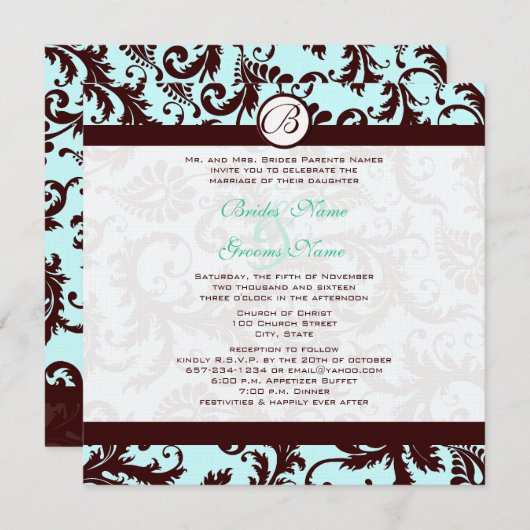 Deep Brown Damask Aqua Blue Wedding Einladung (Vorne/Hinten)