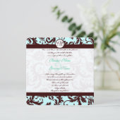 Deep Brown Damask Aqua Blue Wedding Einladung (Stehend Vorderseite)