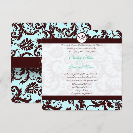 Deep Brown Damask Aqua Blue Wedding Einladung (Vorne/Hinten)