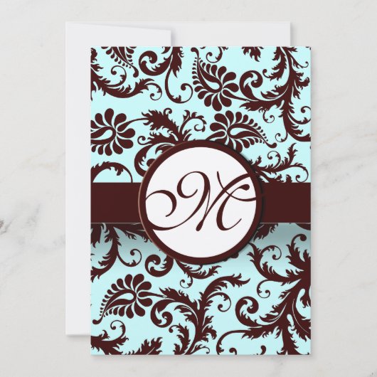 Deep Brown Damask Aqua - Größere Monogramm auf der Einladung (Vorderseite)