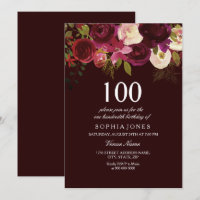 Deep Burgund Blume 100. Geburtstagsparty Einladung