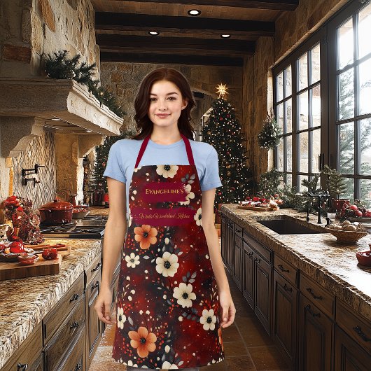 Deep Burgund Weihnachts-Schürze mit Cream-Blume Schürze