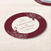 Deep Burgundy and Ivory Floral Line Art Wedding Runder Pappuntersetzer (Angewinkelt)