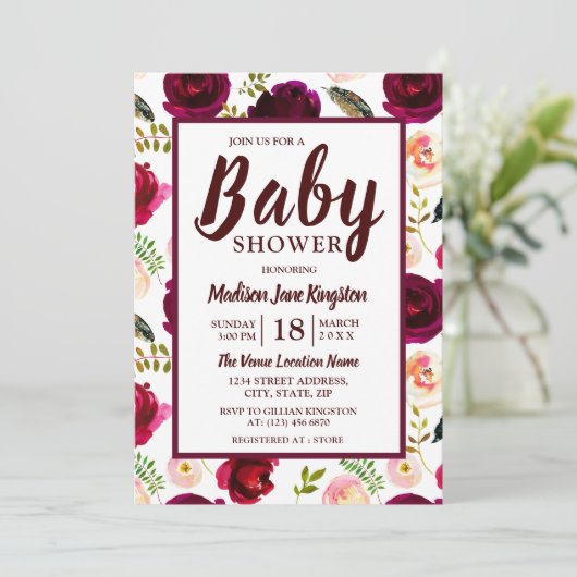 Deep Burgundy Blume Boho Kinderdusche Einladung (Stehend Vorderseite)