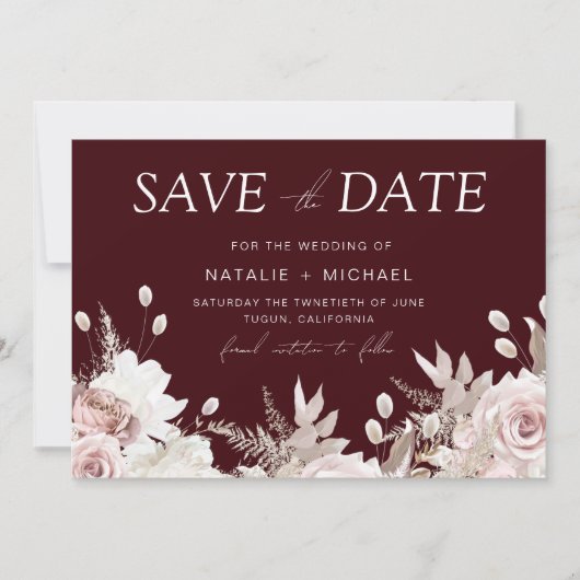 Deep Burgundy Blush Boho Floral Wedding Save The Date (Vorderseite)