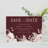 Deep Burgundy Blush Boho Floral Wedding Save The Date (Stehend Vorderseite)