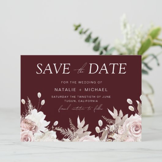 Deep Burgundy Blush Boho Floral Wedding Save The Date (Stehend Vorderseite)
