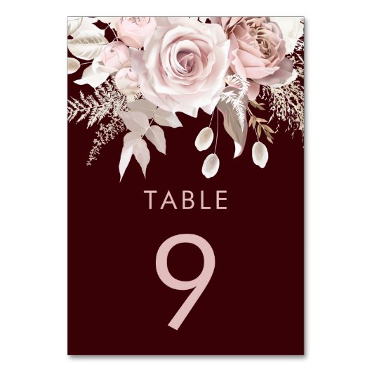 Deep Burgundy & Blush Floral Wedding Reception Tischnummer (Vorderseite)
