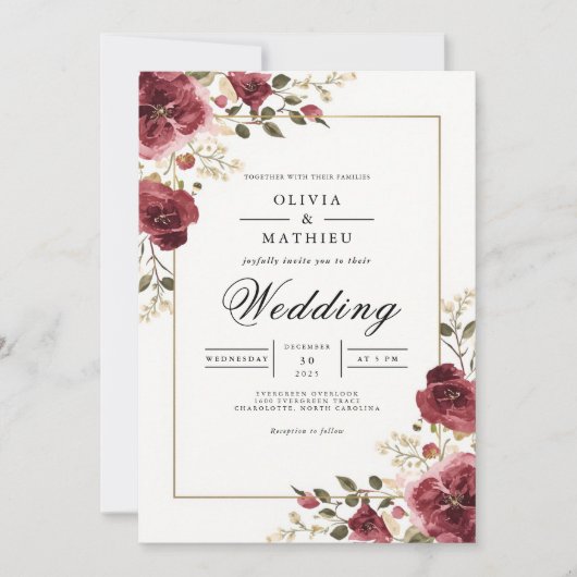 Deep Burgundy Botanical Arch Wedding Einladung (Vorderseite)