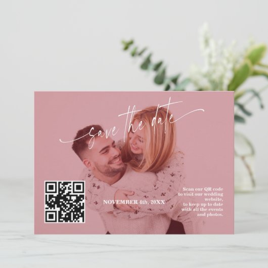 Deep Burgundy Calligraphy QR Code Photo Wedding Save The Date (Stehend Vorderseite)