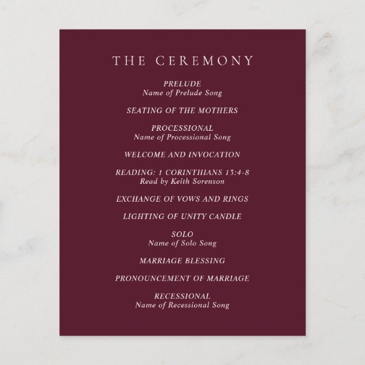Deep Burgundy Classic Budget Wedding Program Flyer (Hinten)
