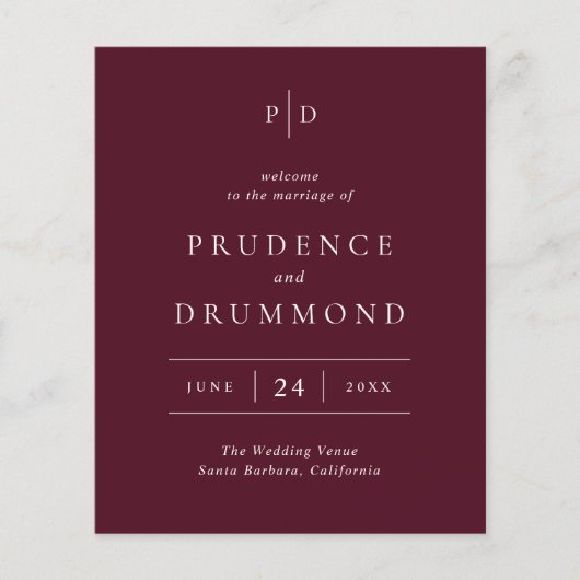 Deep Burgundy Classic Budget Wedding Program Flyer (Vorne)