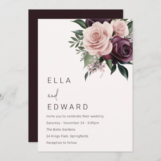 Deep Burgundy & Dusty Rose Wedding Einladung (Vorne/Hinten)