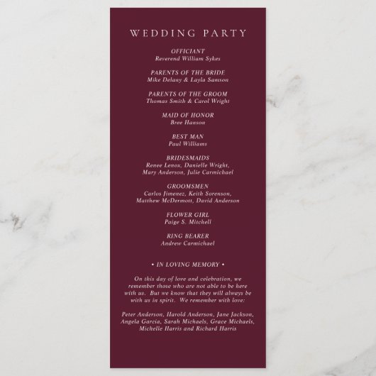 Deep Burgundy Elegant Classic Wedding Programm (Rückseite)