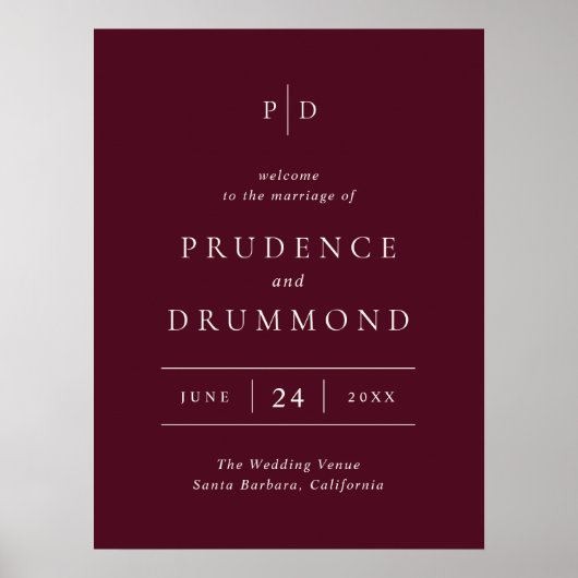 Deep Burgundy Elegant Classic Wedding Sign Poster (Vorne)