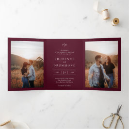 Deep Burgundy Elegant QR Code Classic Wedding Dreifach Gefaltete Einladung