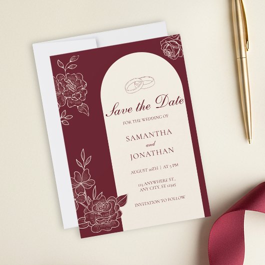 Deep Burgundy Floral Arch Wedding Save the Date Einladung
