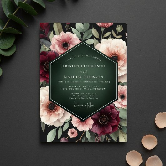 Deep Burgundy Floral Enchantment Wedding Einladung