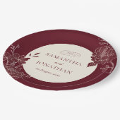 Deep Burgundy Floral Ivory Circle Wedding Pappteller (Schrägansicht)