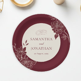 Deep Burgundy Floral Ivory Circle Wedding Pappteller