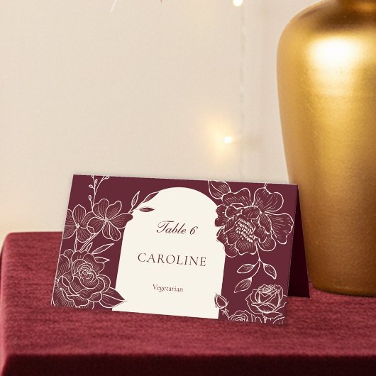 Deep Burgundy Floral Meal Choice Wedding Table Platzkarte