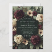 Deep Burgundy Floral Romance Wedding Einladung (Vorderseite)