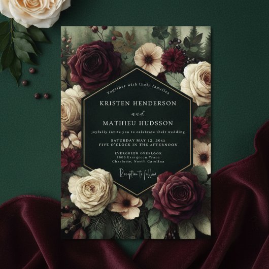 Deep Burgundy Floral Romance Wedding Einladung